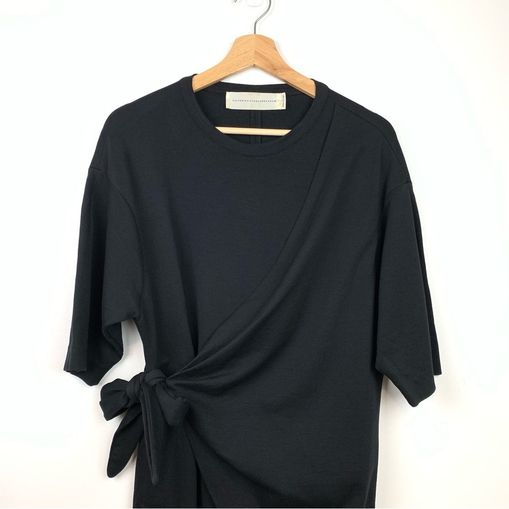 Victoria Victoria Beckham Dress Black Jersey Faux Wrap Tie Front Sz Medium VVB - Picture 2 of 11